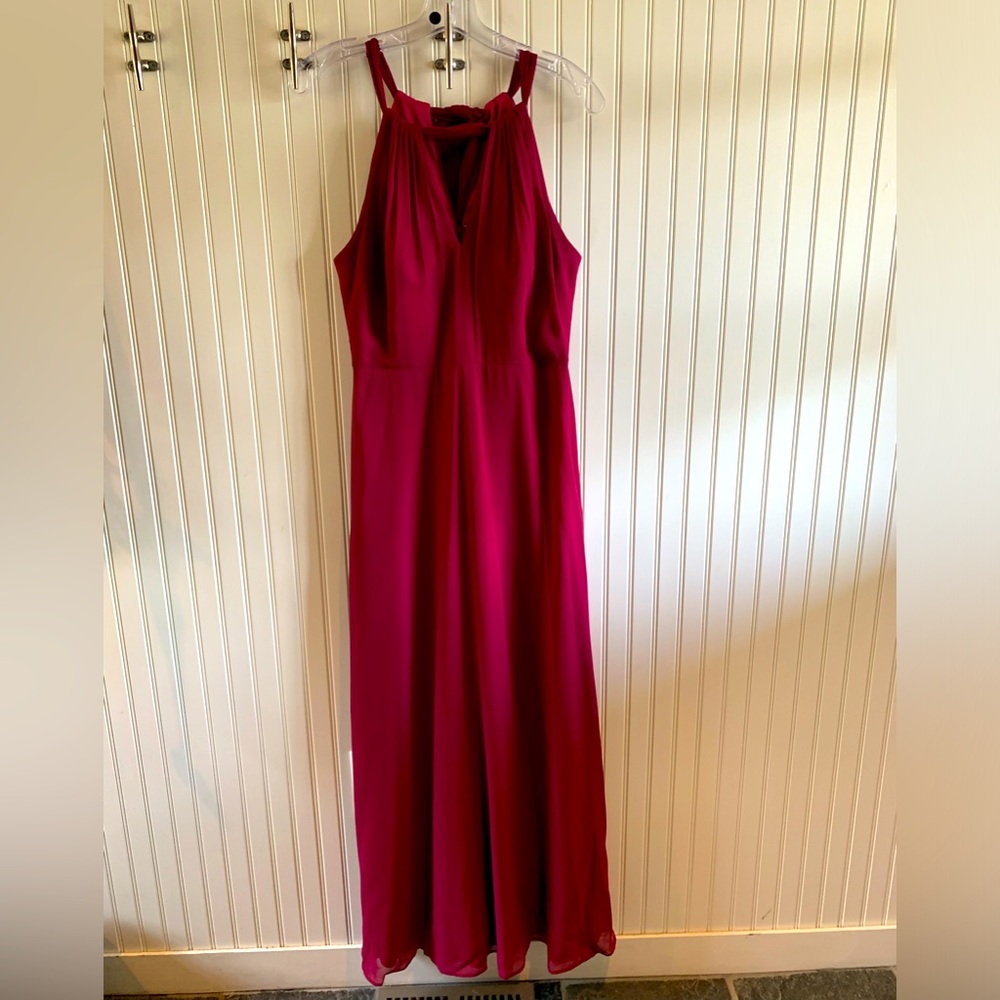 Burgundy Chiffon full length dress with halter neckline and layered body.